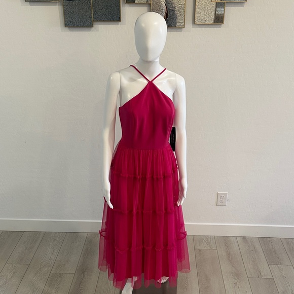 Adrianna Papell Vibrant Pink Tiered Midi Dress - Picture 2 of 9